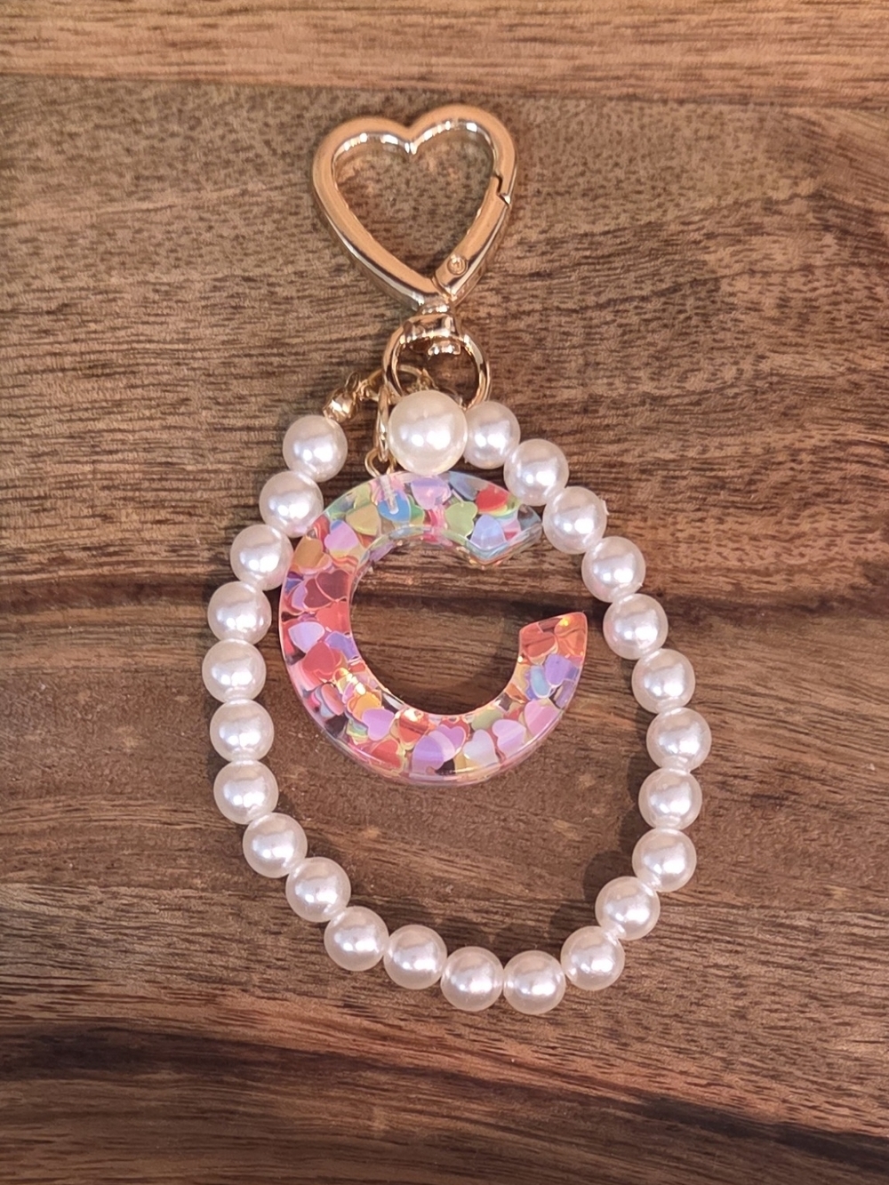 Pearl Beaded Wristlet with a Heart Filled Iridescent 'C' Charm - Picture 8 of 8